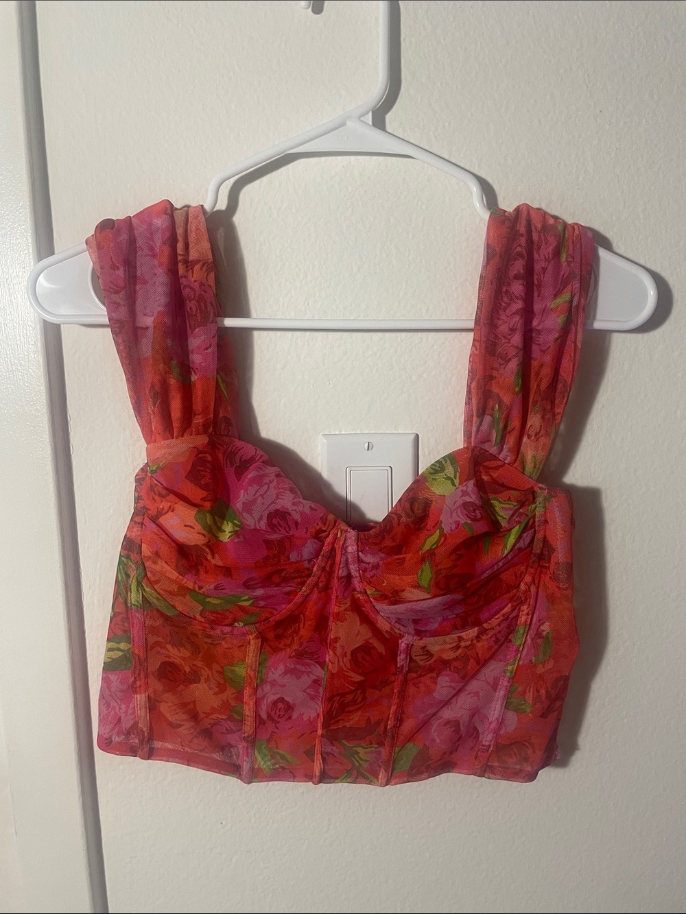 Zara Sheer Floral Red-Pink Bustier Crop Top